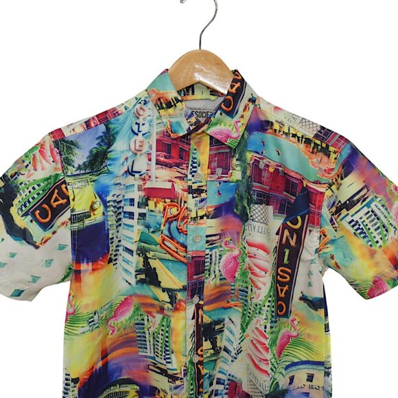 Surf Society City Print Shirt M Funky Y2K Resort Party Coastal Festival - Picture 3 of 7
